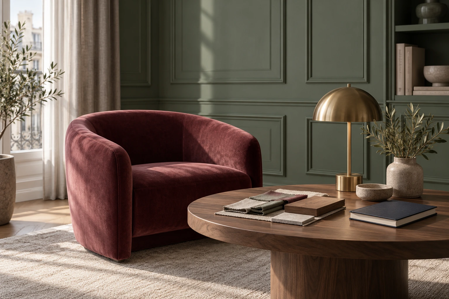 Burgundy armchair and fabric and wood samples in a green sitting room.