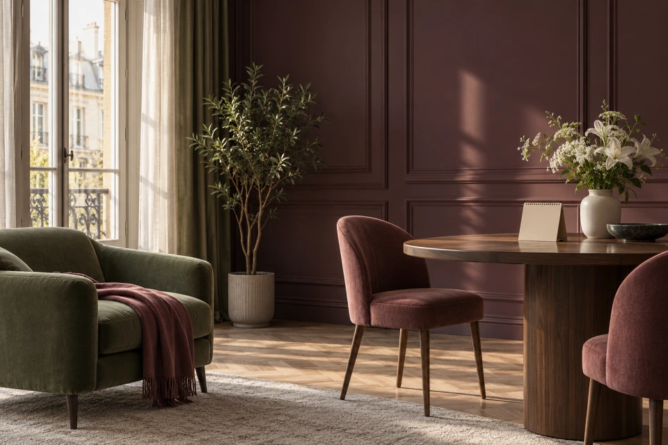 Furnished plum-toned living room with a calendar and table, ready for a new tenant.