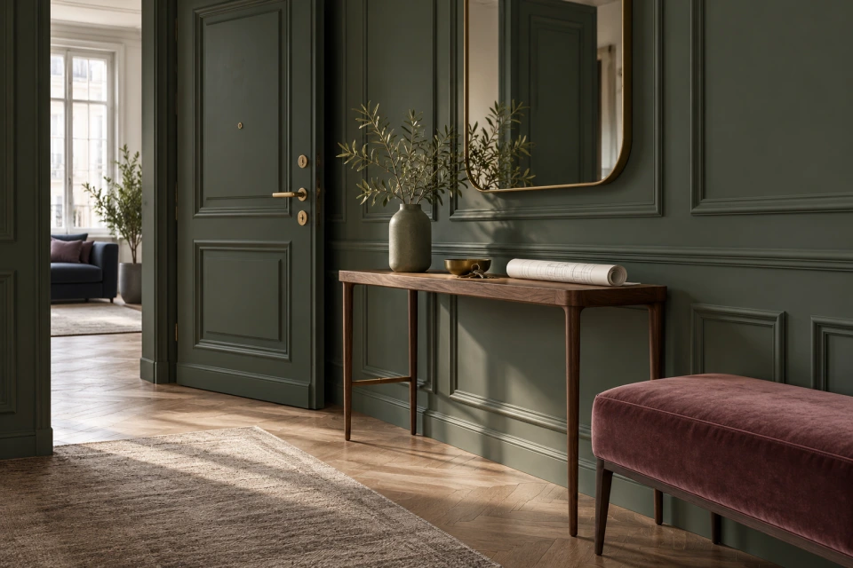 Green apartment entrance with keys and a rolled floor plan on the console.