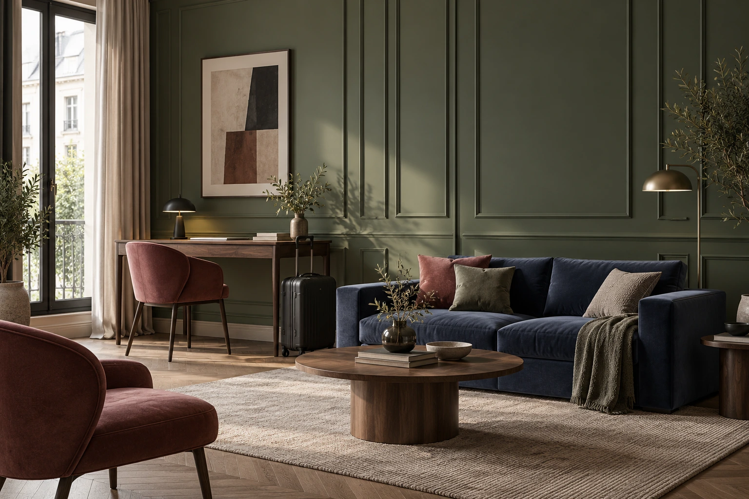 Sage green living room with a desk and suitcase, ready for a mid-term stay.